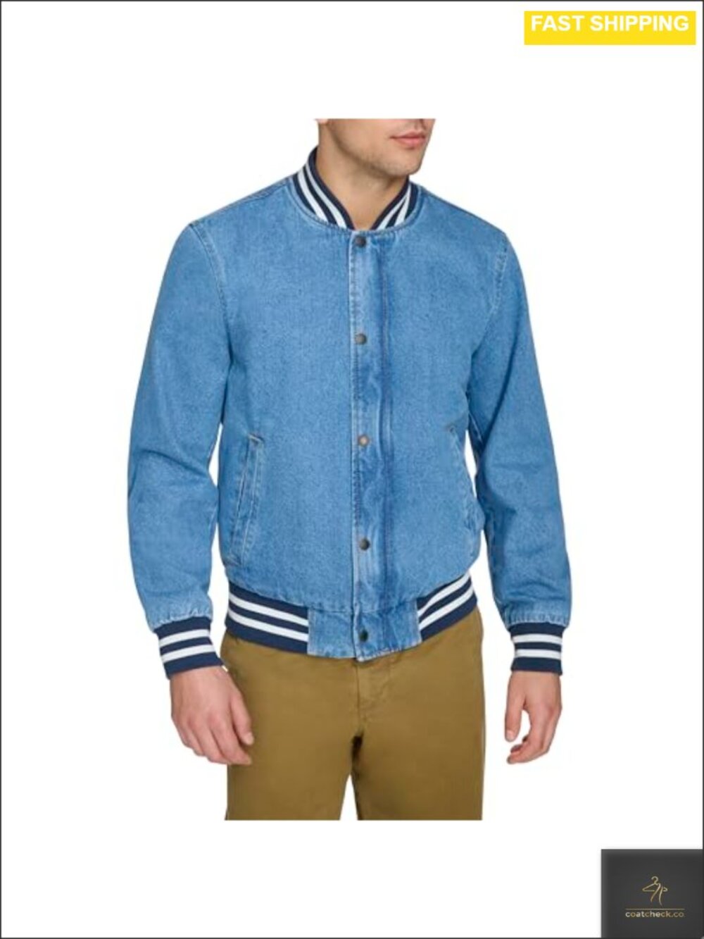 Varsity Bomber Jacket Cotton Snap Zip Closure Rib Knit Trim